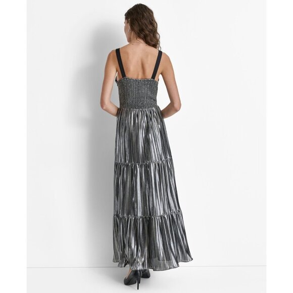 DKNY Women's Foil Plissé V-Neck Sleeveless Maxi Dress Silver Size M MSRP $189 - Picture 4 of 4